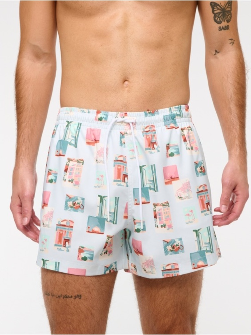 NWT Abercrombie & Fitch 5” Swim Trunks XL Coastal Print Relaxed Stretch